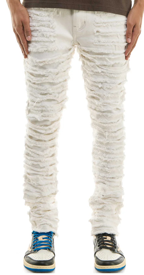 KNB3358 CREAM - DOUBLE LAYERED RIP SKINNY PANTS