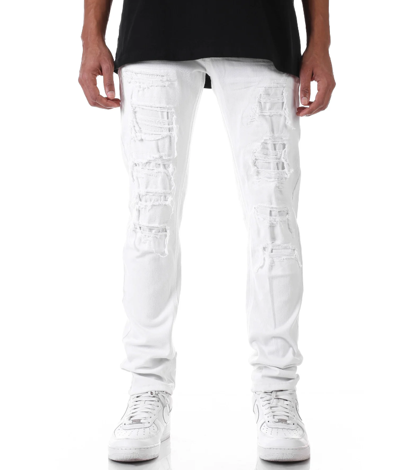 KNB3145 WHITE - PATCHED DISTRESS SKINNY PANTS