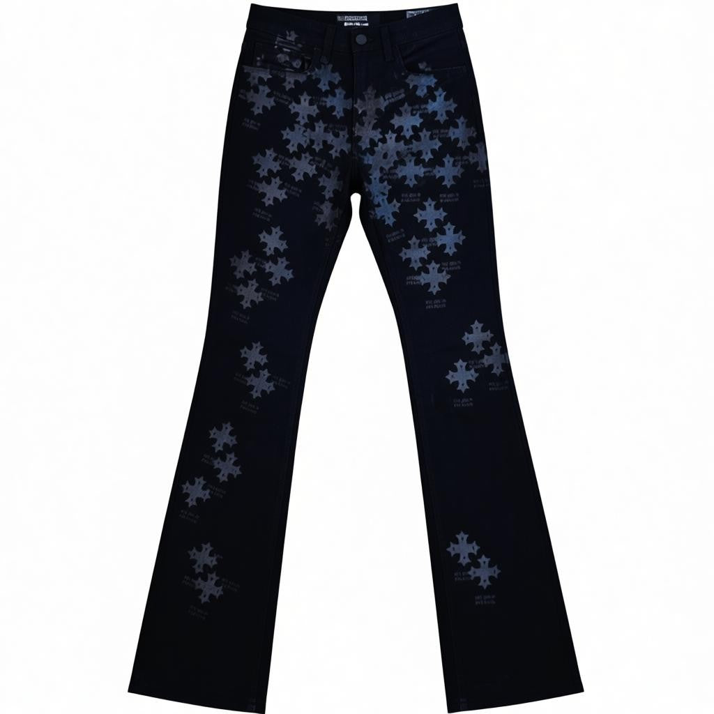 KIDS STAMPED PRINT STACKED JEANS-BLACK