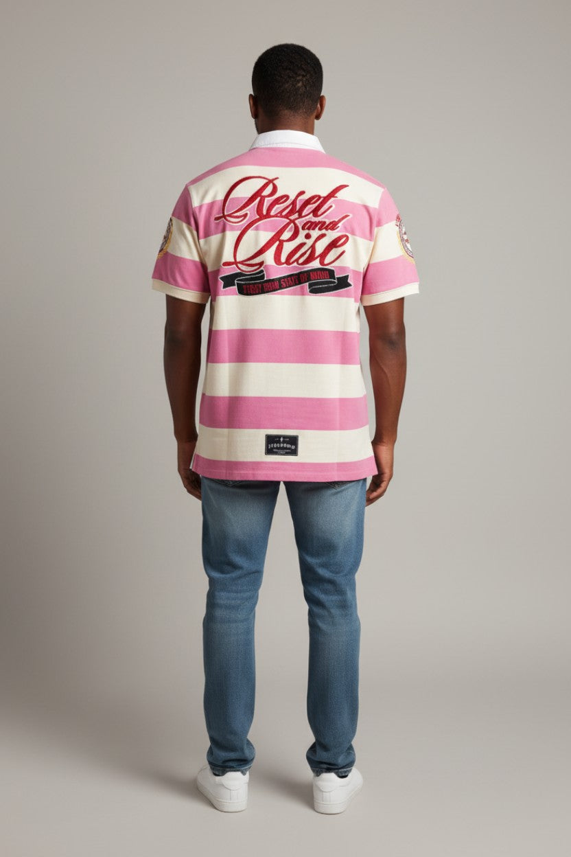 No Limit Clothing pink and cream striped cotton polo shirt with embroidered text and applique details.