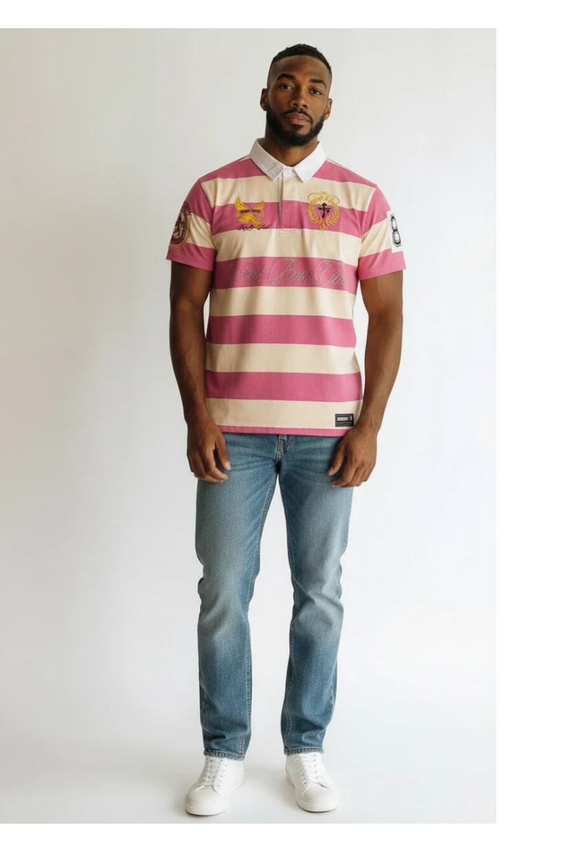 No Limit Clothing pink and cream striped cotton polo shirt with applique and rhinestone details.