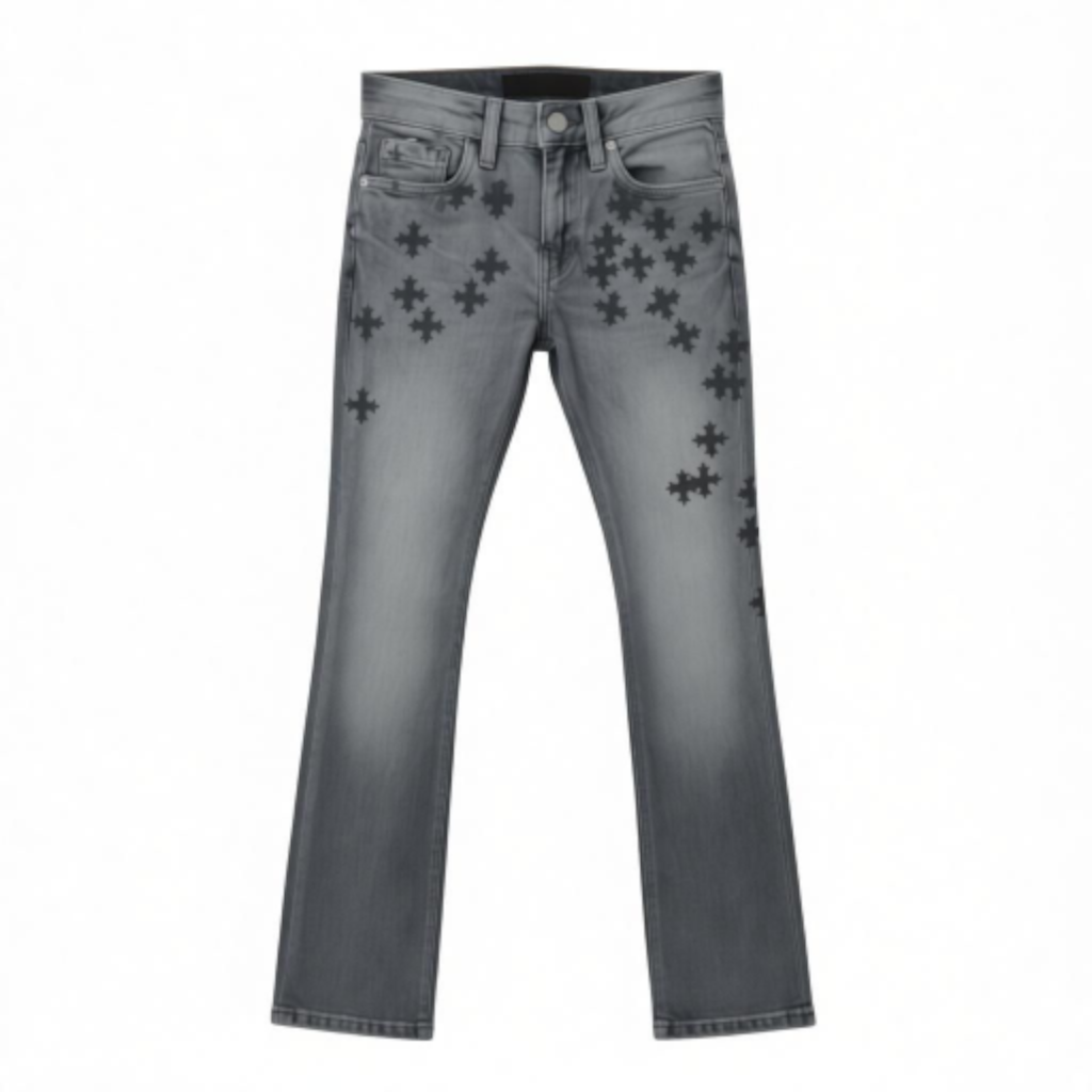 KIDS STAMPED PRINT STACKED JEANS - CEMENT WASH