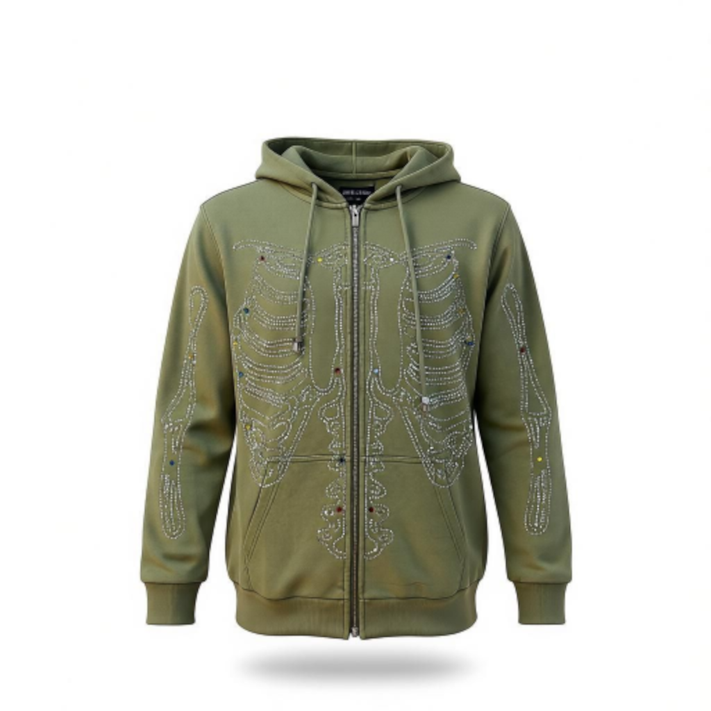 RST-404 OLIVE SKELETON DIAMONDS HOODIE