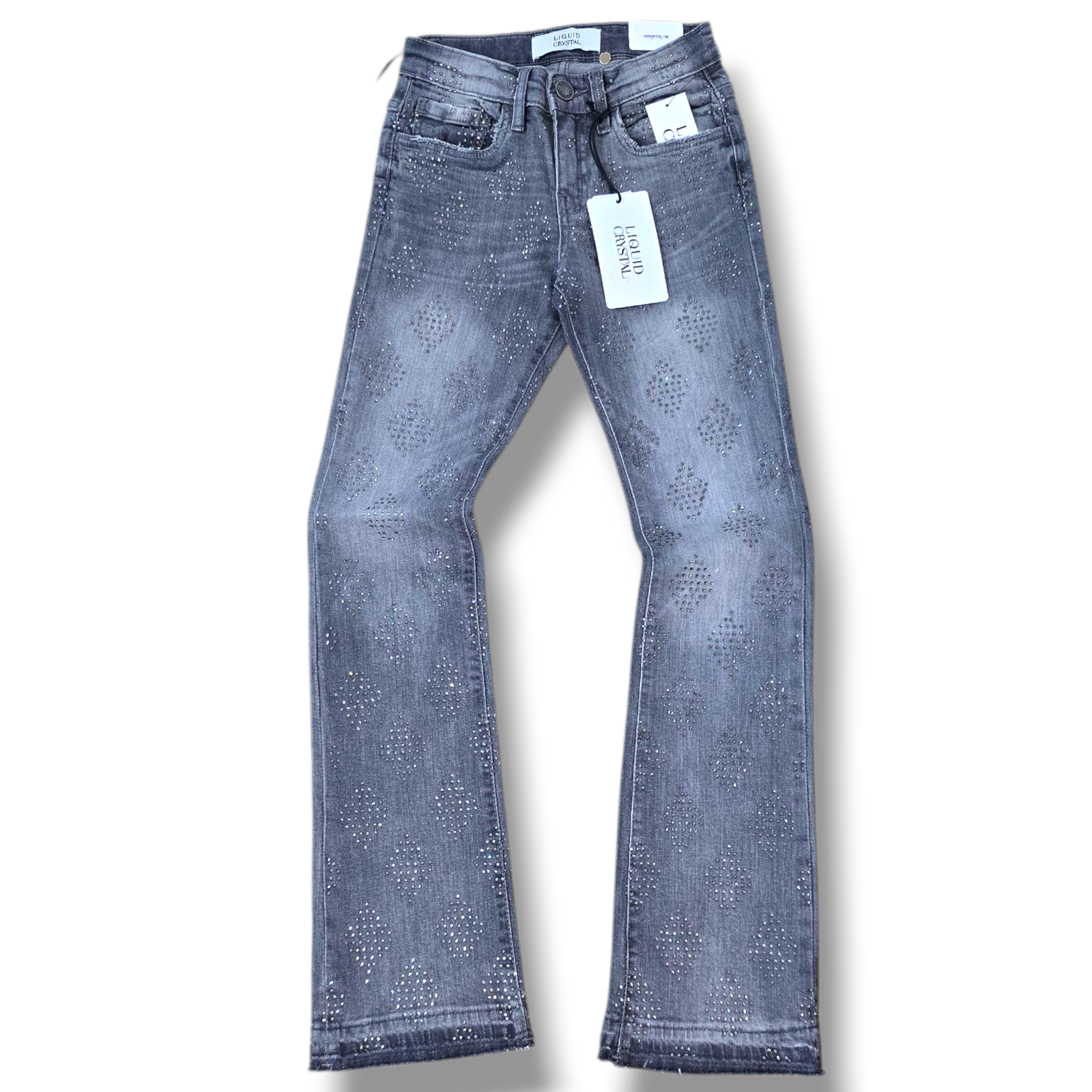 KIDS LIQUID CRYSTAL RIHENSTONE STACKED DENIM- SMOKED GREY
