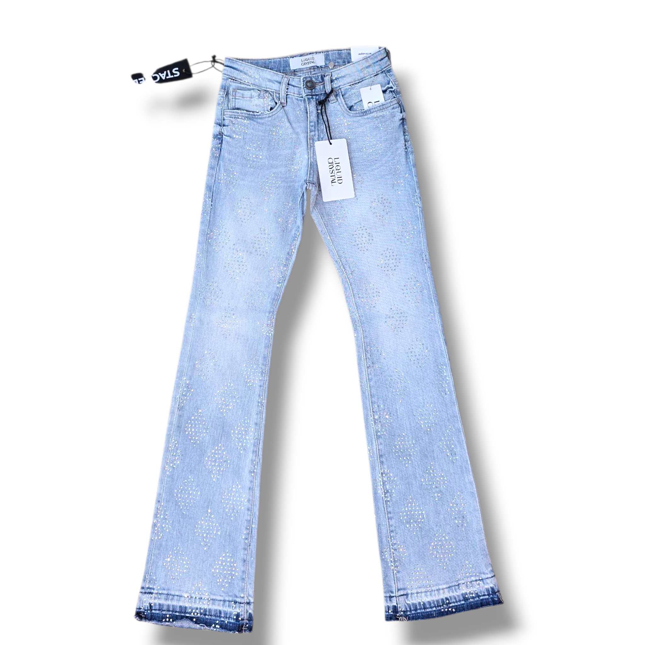 KIDS LIQUID CRYSTAL RIHENSTONE STACKED DENIM-ICED BLUE