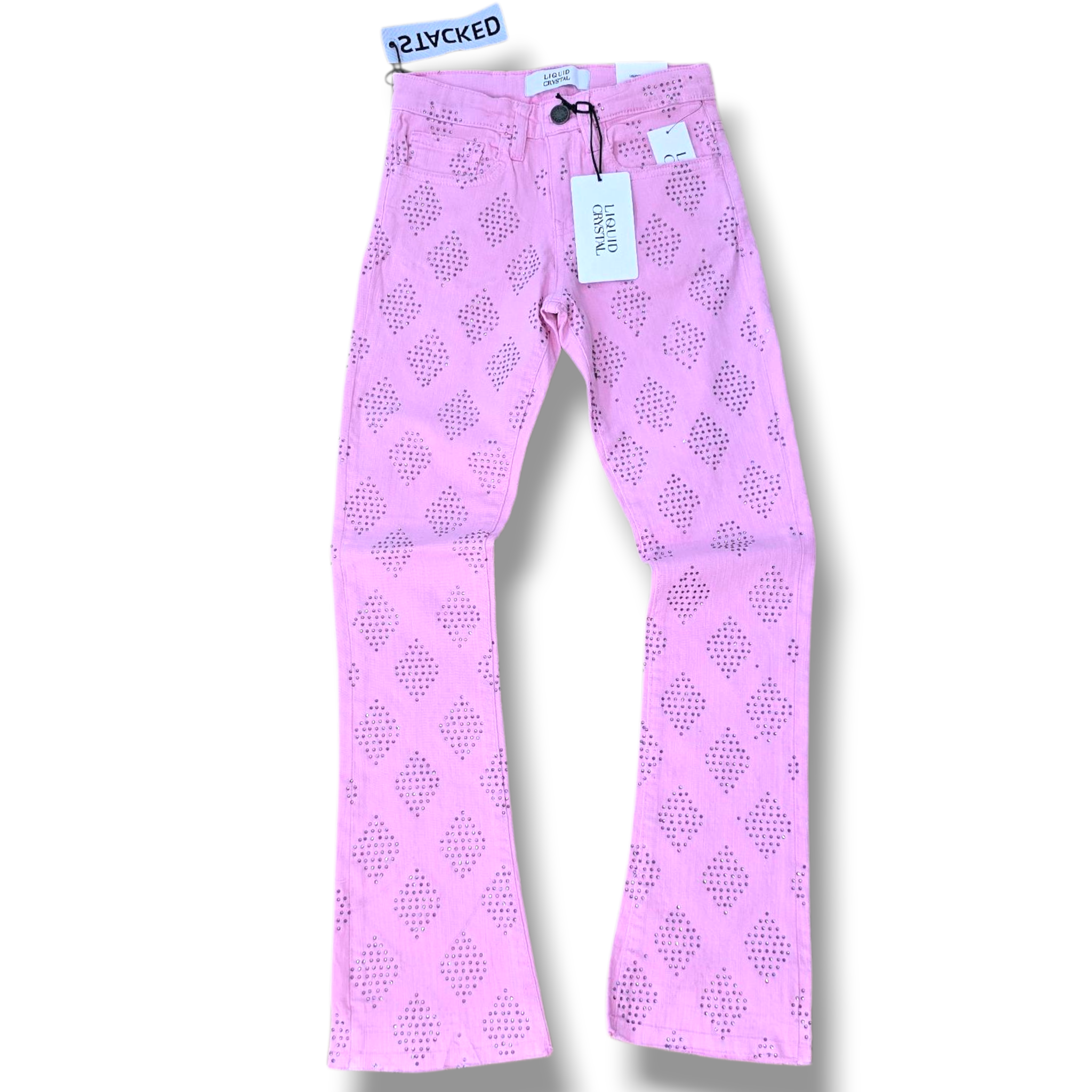 KIDS LIQUID CRYSTAL RIHENSTONE STACKED DENIM- PINK