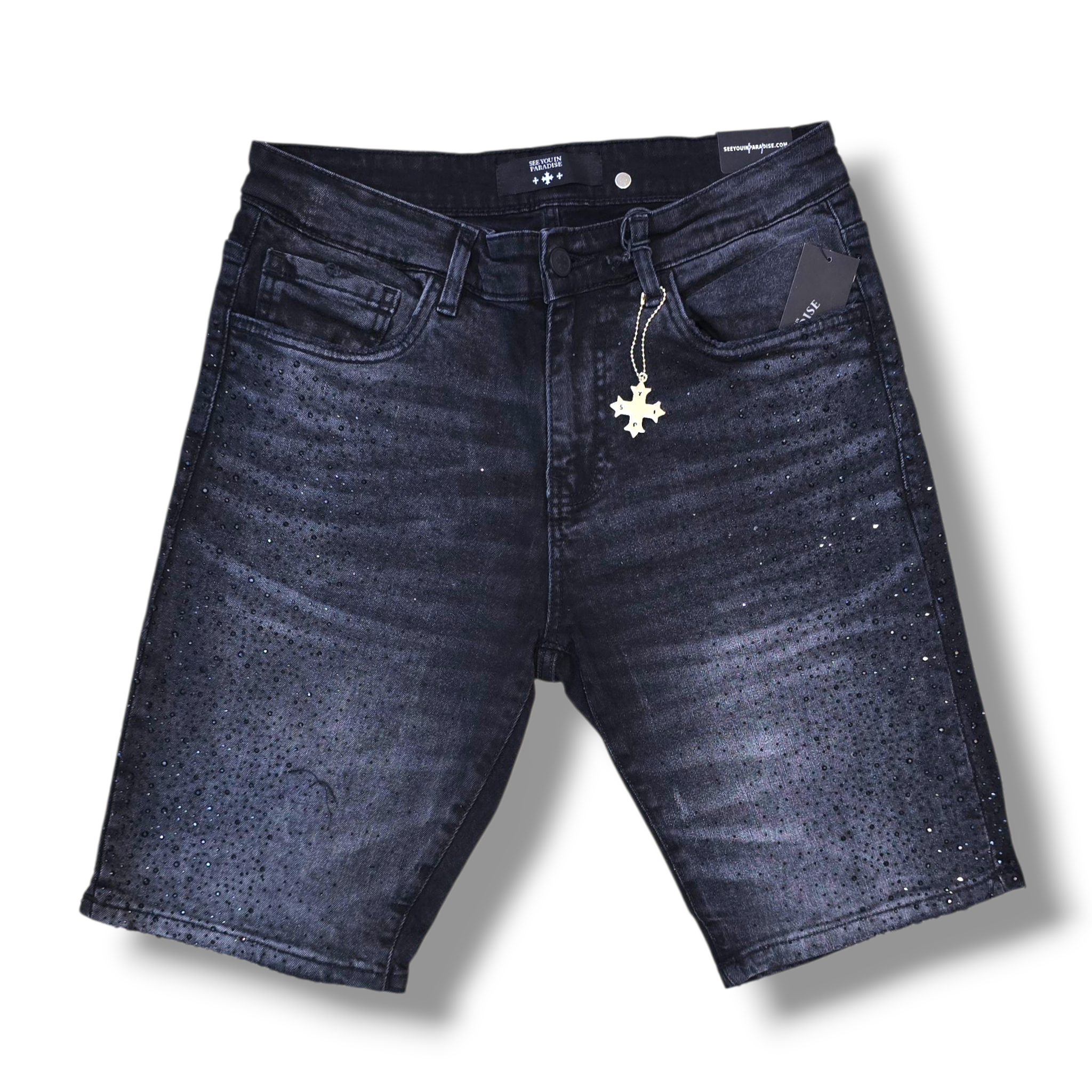 DENIM SHORTS W CRYSTALS - BLACK SHADOW