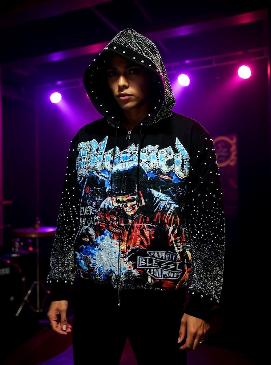 MIND GAMES RIDER RHINESTONE HOODIE-  BLACK