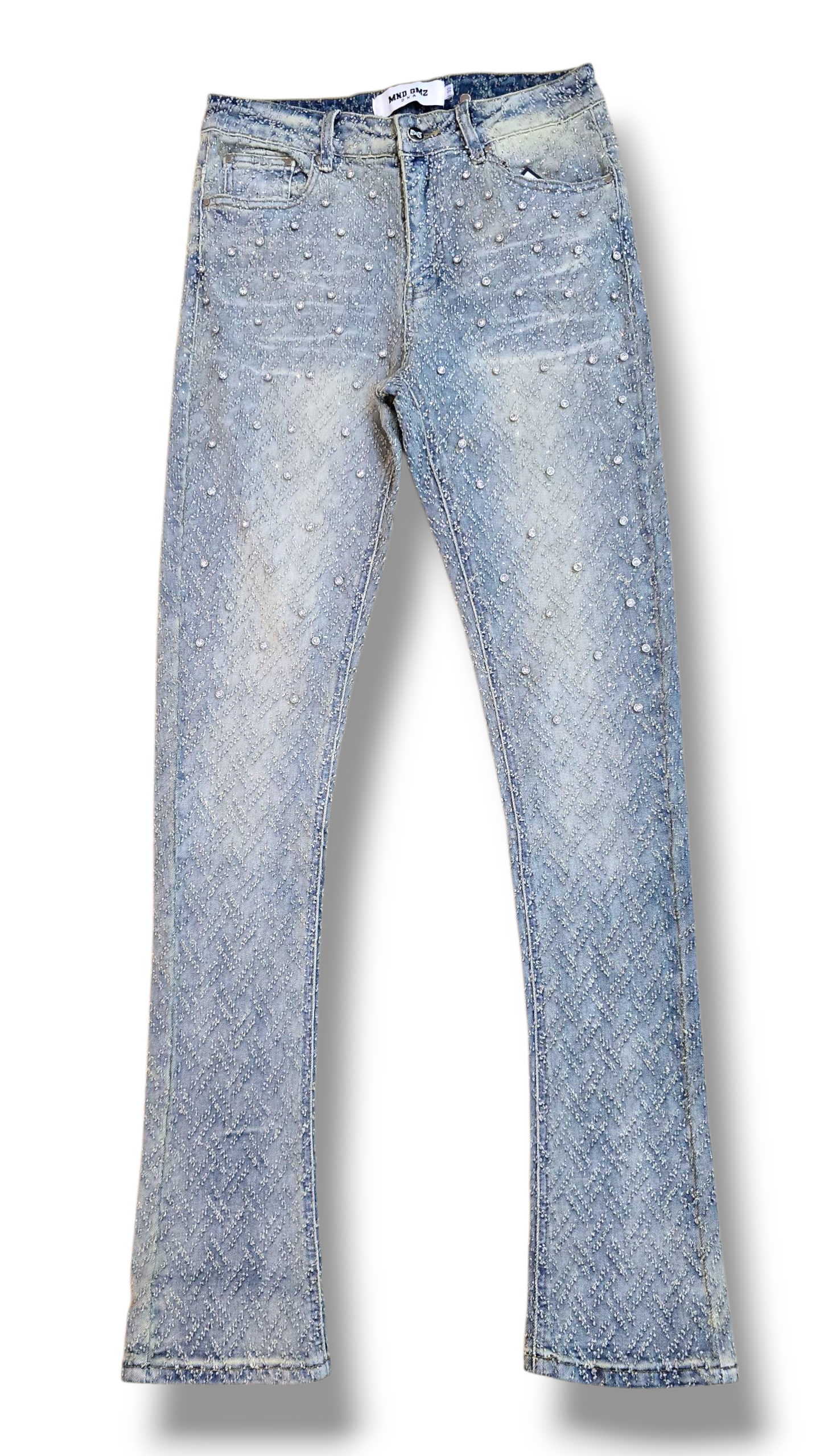 Mind Games Blinged Out Stacked Jeans - Vintage Blue