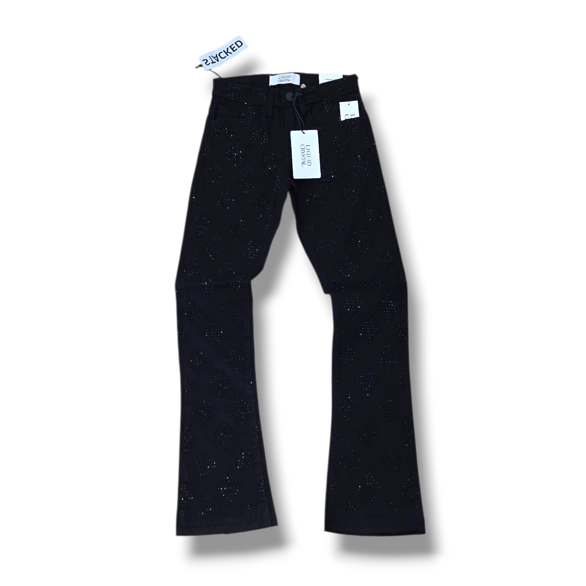 KIDS LIQUID CRYSTAL RIHENSTONE STACKED DENIM- BLACK