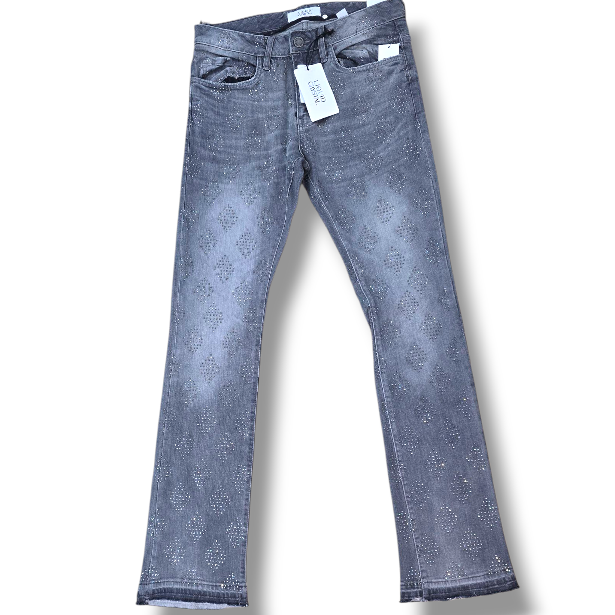 LIQUID CRYSTAL STACKED RIHNESTONE DENIM- SMOKED GREY