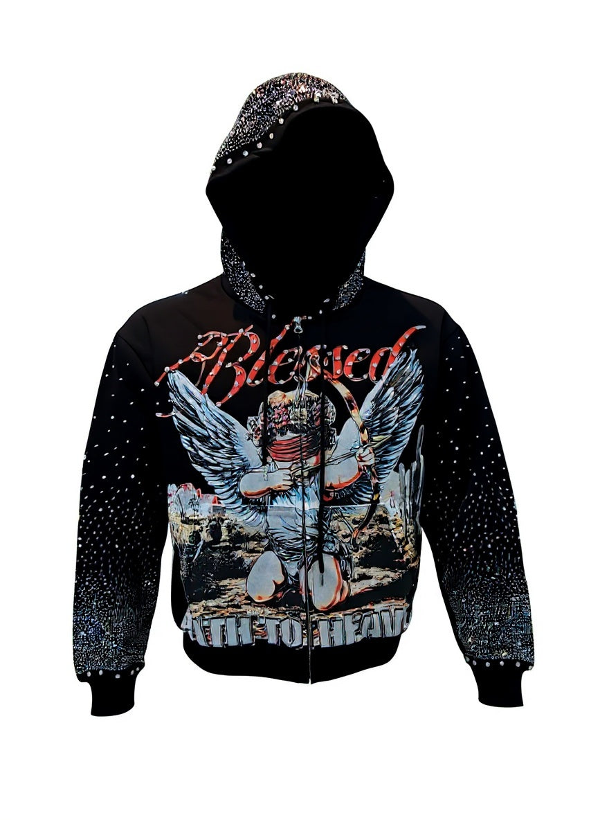 MIND GAMES ANGEL OF LOVE RHINESTONE HOODIE-  BLACK