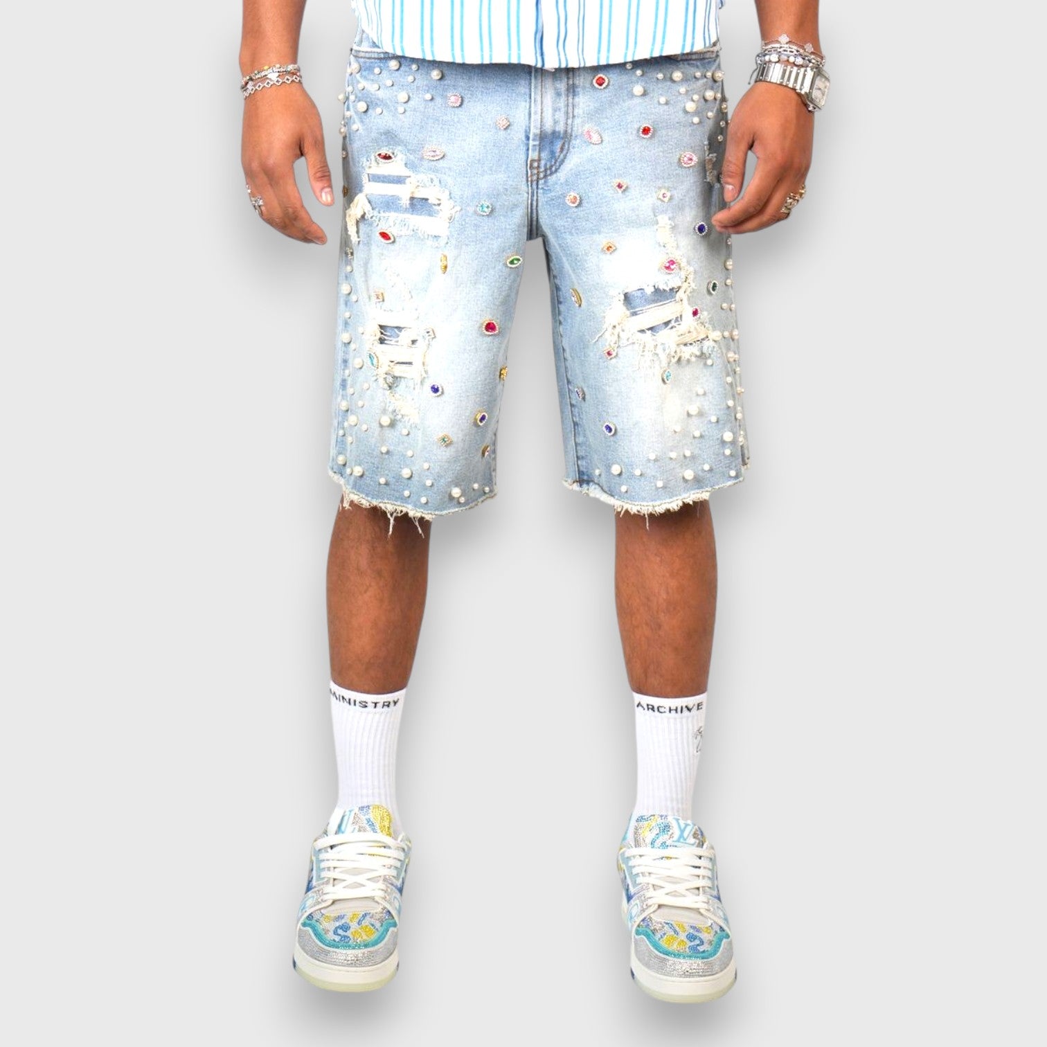 PREME SHORTS W/ MULTI COLOR JEM STONES