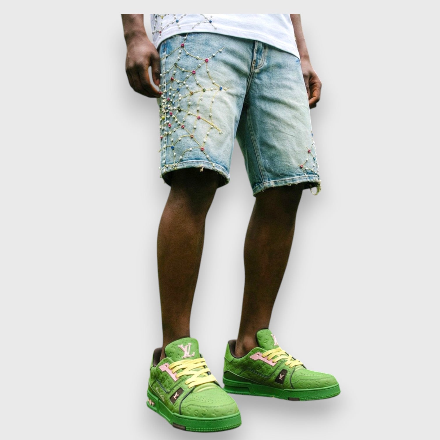 PREME SPIDER WEB SHORTS W/ MULTI COLOR JEM STONES