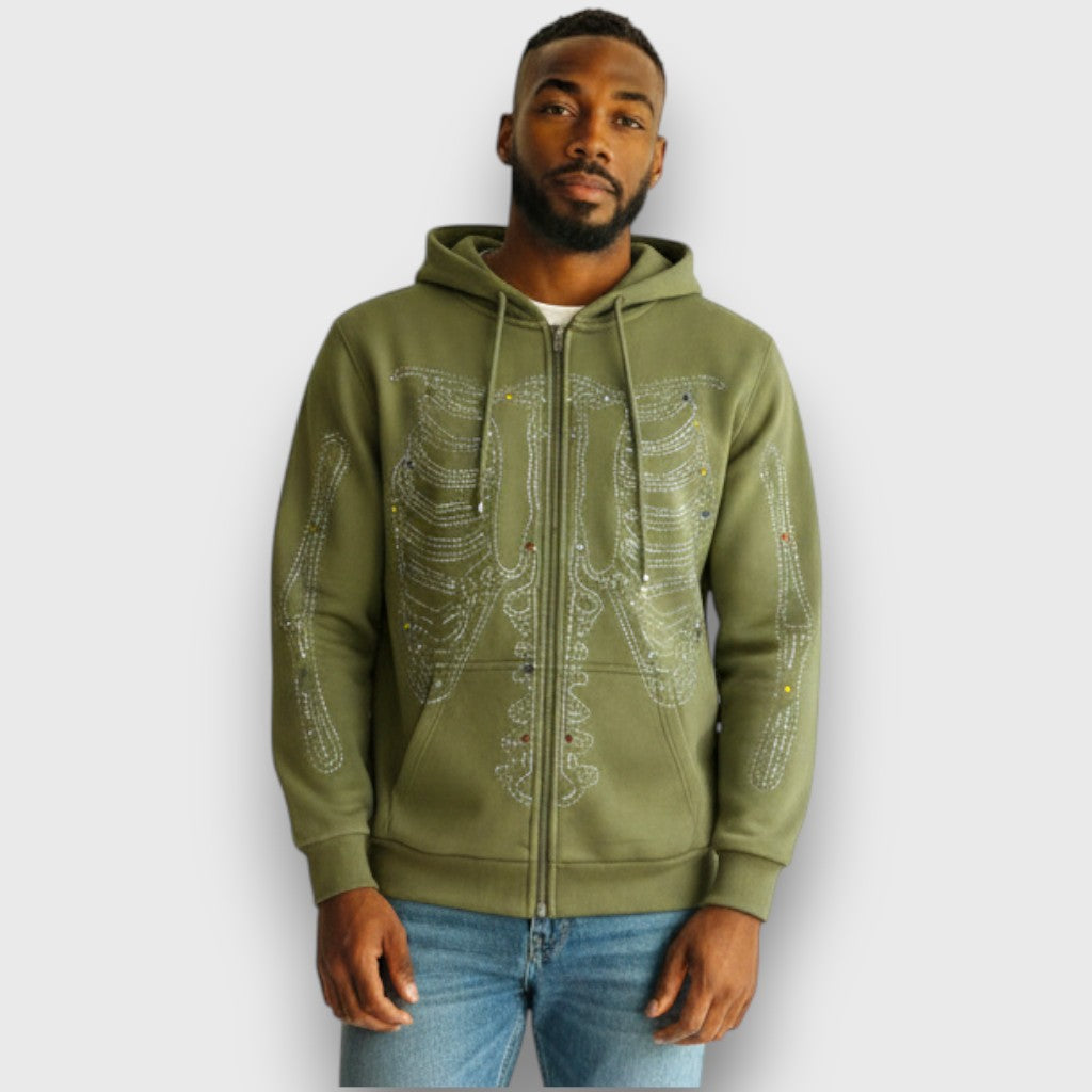 RST-404 OLIVE SKELETON DIAMONDS HOODIE