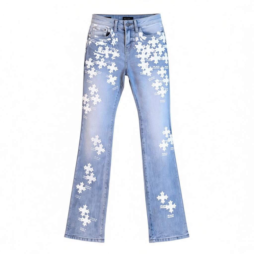 KIDS STAMPED PRINT STACKED JEANS- L/BLUE