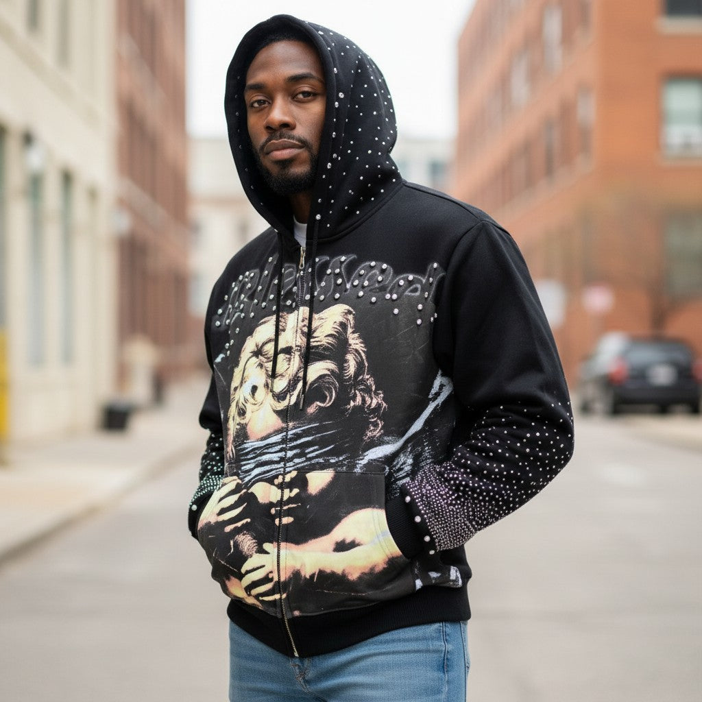 MIND GAMES BLIND ANGEL RHINESTONE HOODIE-  BLACK