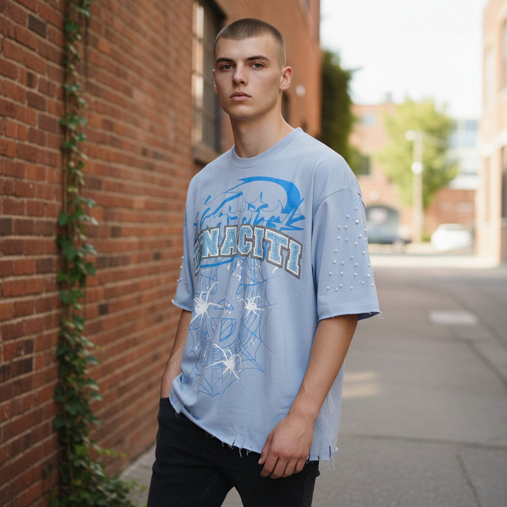 SPIDER PEARL TEE - LIGHT BLUE