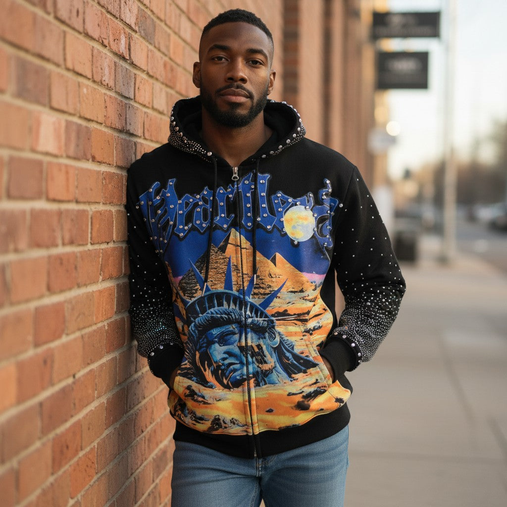 MIND GAMES LIBERTY RHINESTONE HOODIE-  BLACK