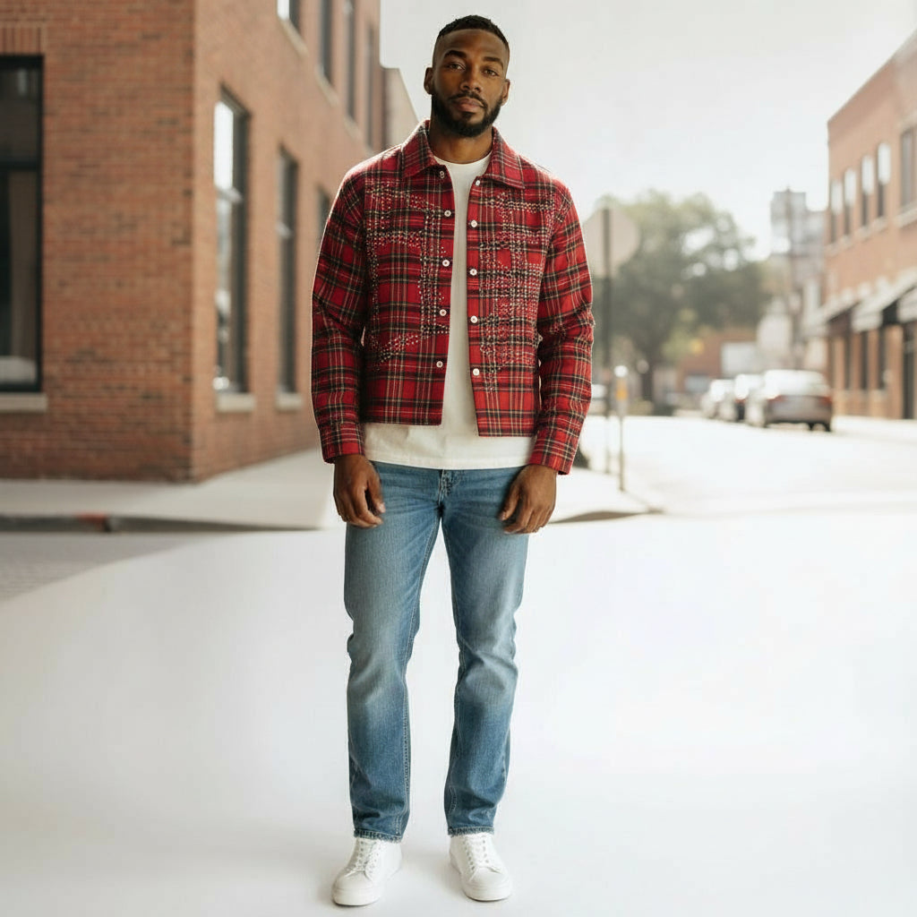 WEALTHY BOYS RHINESTON FLANNEL SHIRT - RED